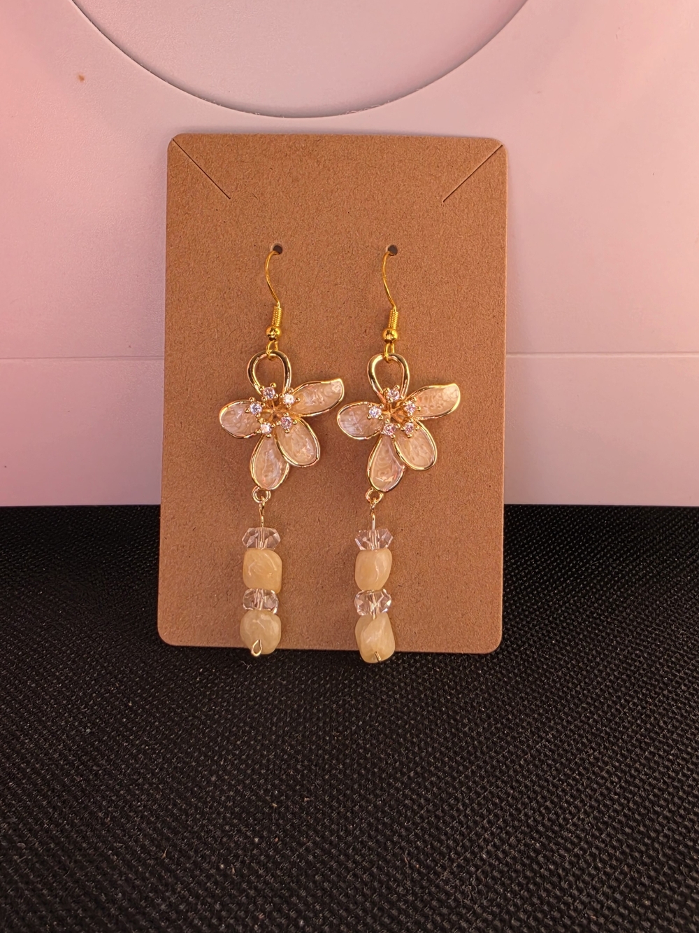 Gold Flower Drop Earrings with Yellow Calcite and clear quartz beads.